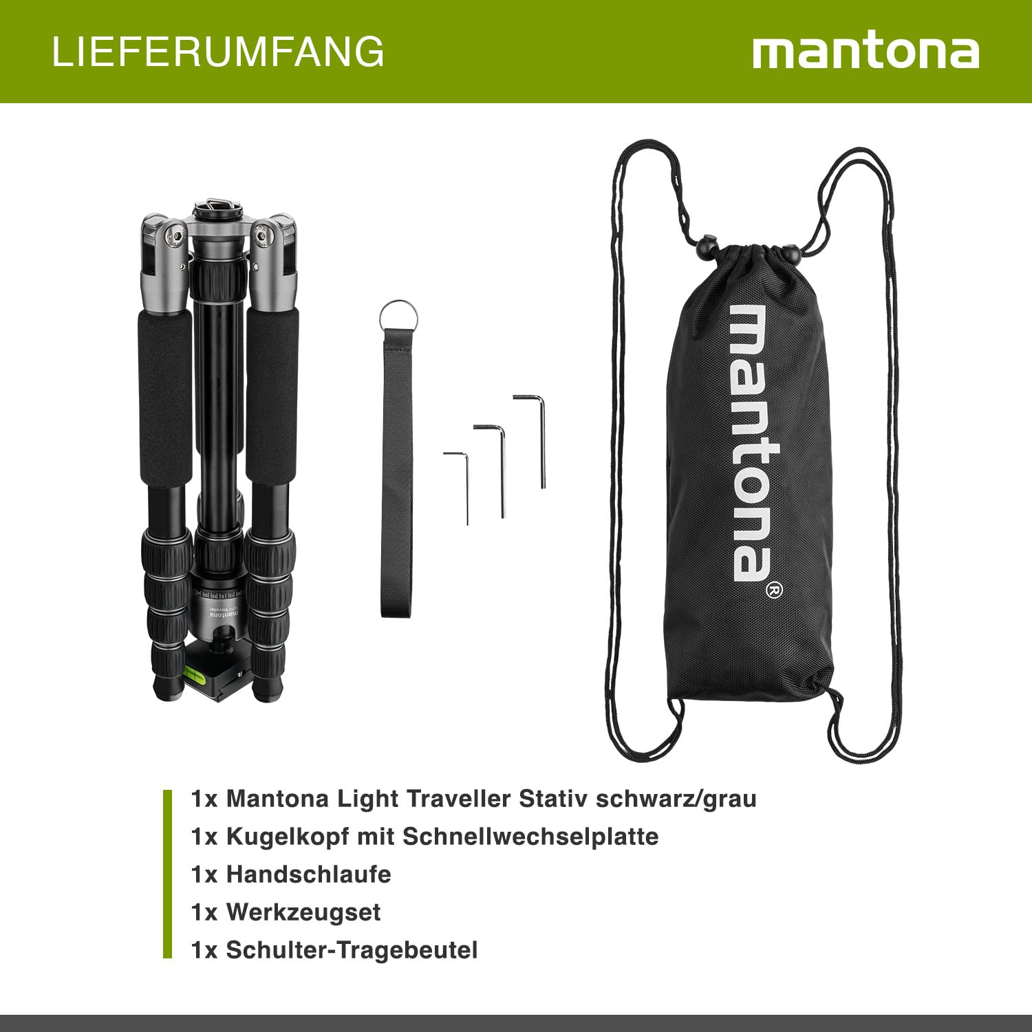 mantona Statyw podróżny Light Traveller, stabilne aluminium, lekki statyw do aparatu, głowica kulowa + płyta wymienna (kompatybilna z Arca Swiss), panorama 360°, statyw fotograficzny jako tripod i