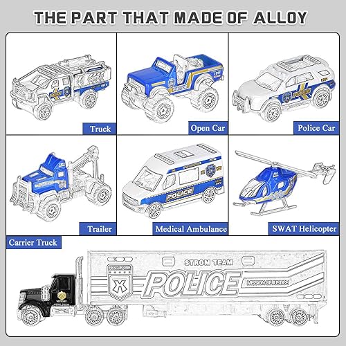 Miniatura 3 de OENUX Juguetes de coche de policía para niños con alfombrilla de juego de ciudad camión portador de vehículos fundidos helicóptero SWAT camión de