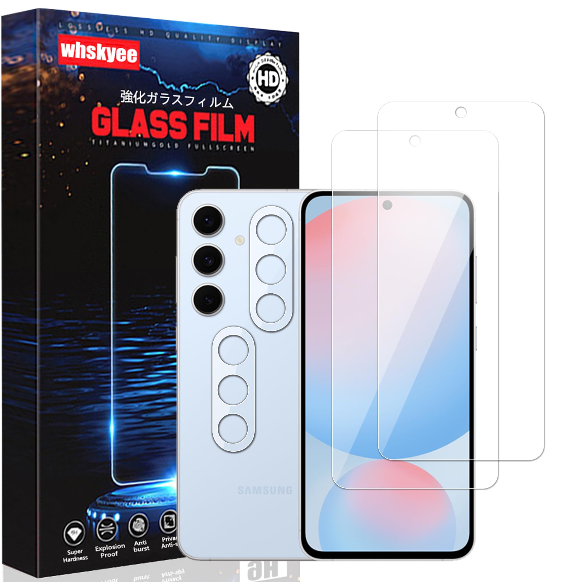 対応 Galaxy S24 FE SCG30 用の ガラスフィルム + カメラフィルム【2枚 液晶保護フィルム+ 2枚 レンズ保護フィルム】 硬度9H 【日本旭硝子素材採用】 ギャラクシーS24 FE ガラス フィルム 強化ガラス 保護 フィルム 貼り付け簡単/指紋防止/飛散防止/高透過 Galaxy S24 FE