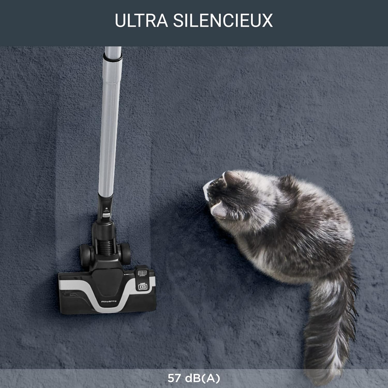A cat resting near the vacuum cleaner's suction head, illustrating the quiet operation of the Rowenta Silence Force Effitech.