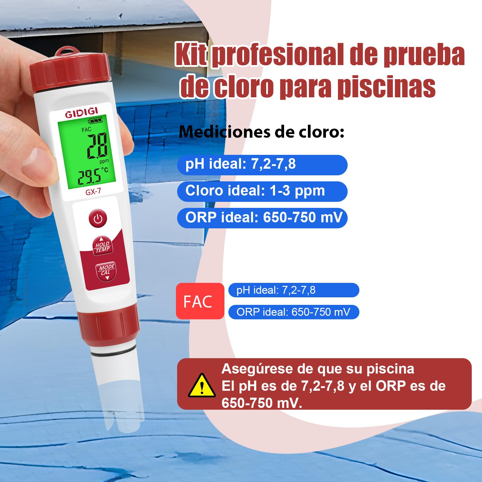 Medidor de Cloro y pH Digital 7 en 1, Comprobador de Piscina, ORP Cloro Sal EC PPM TDS