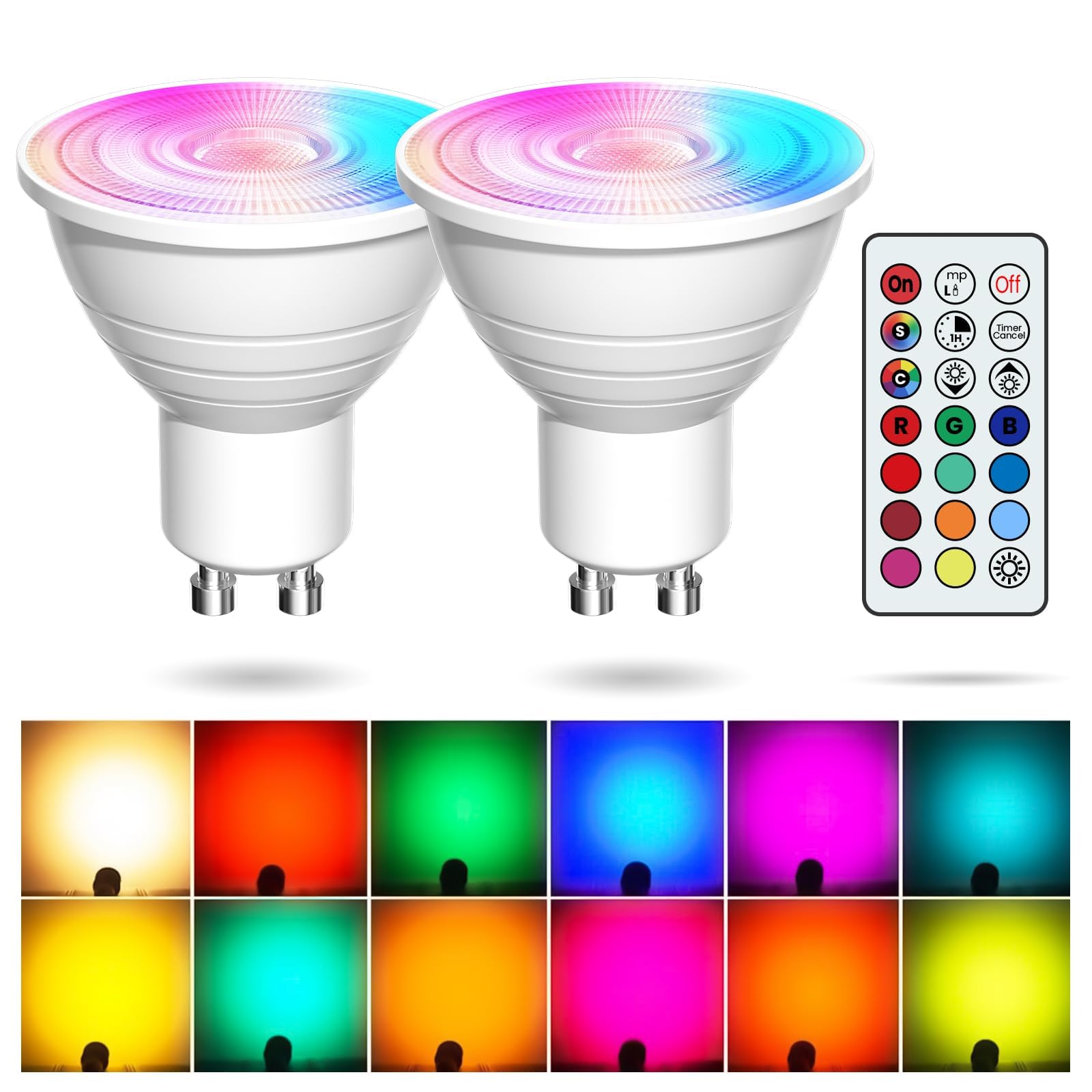 BrightArk3W MR16 GU10 Colour Changing Dimmable LED Bulbs, 12 Colors, Cool White 6000K RGB Spotlight Bulb with Remote Control, Coloured Light Bulb (Pack of 2)…