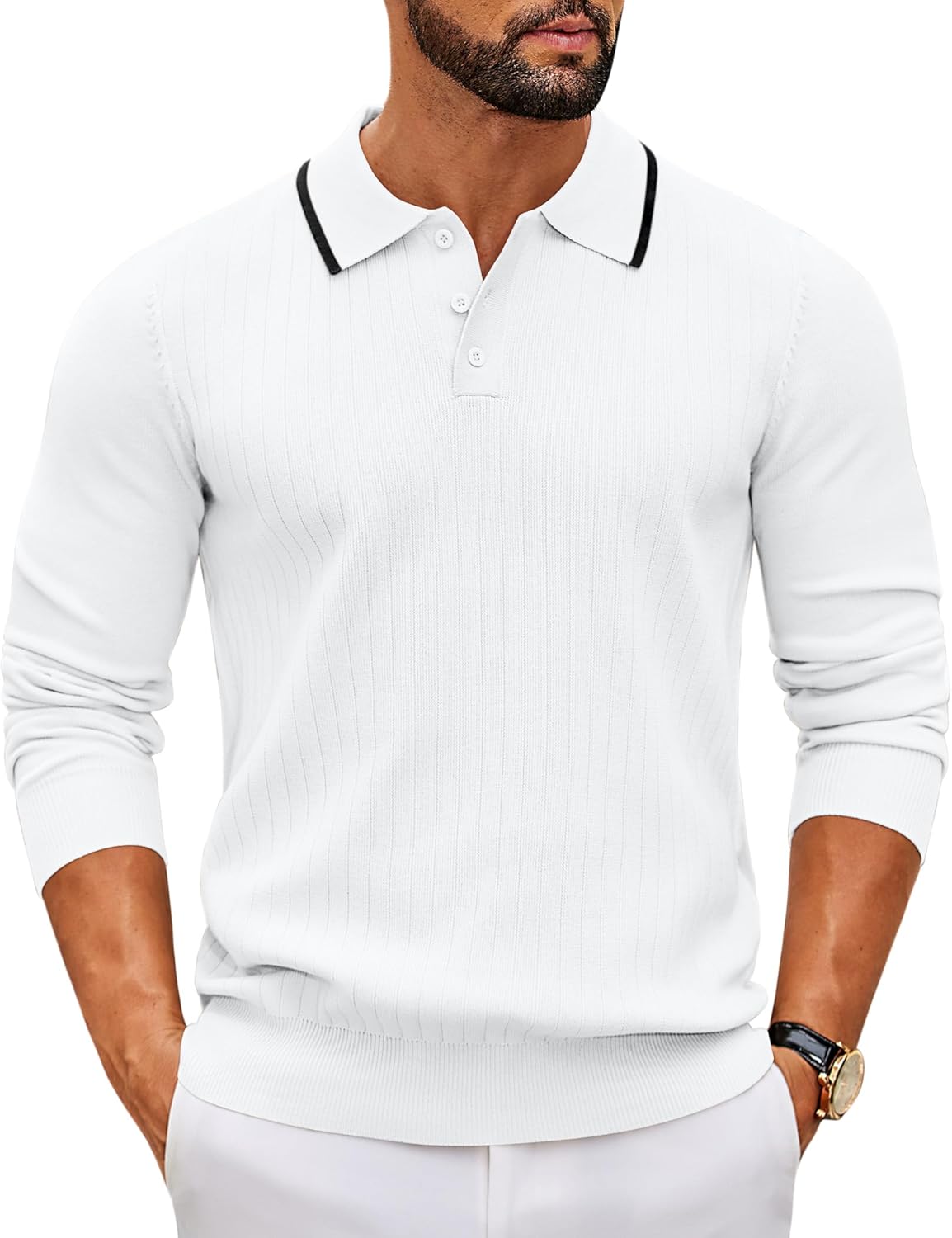 COOFANDY Men's Knit Polo Sweater Casual Long Sleeve Polo Sweater Lightweight Button Down Golf Pullover Sweaters