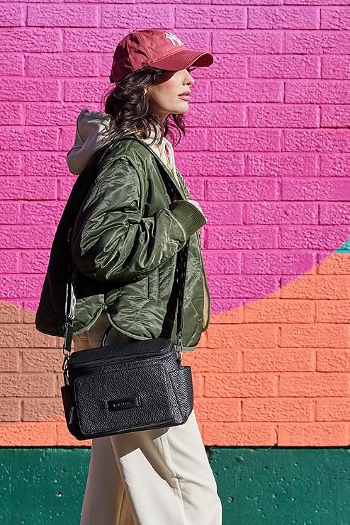 baba bing Cross Body Tumble Leather Changing Bag - Leather Black - Vegan Baby Changing Bags | Convertible Design Baby Nappy Bag | Nappy Changing Bags - Crossbody/Hand-Held Diaper Bag