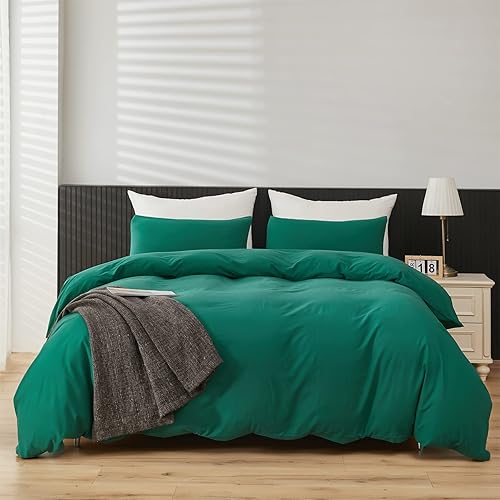 Miniatura 9 de Juego de funda de edredón verde esmeralda, tamaño Queen, 3 piezas, simple, moderno, suave, 100% algodón lavado a la piedra, con cierre de botón y