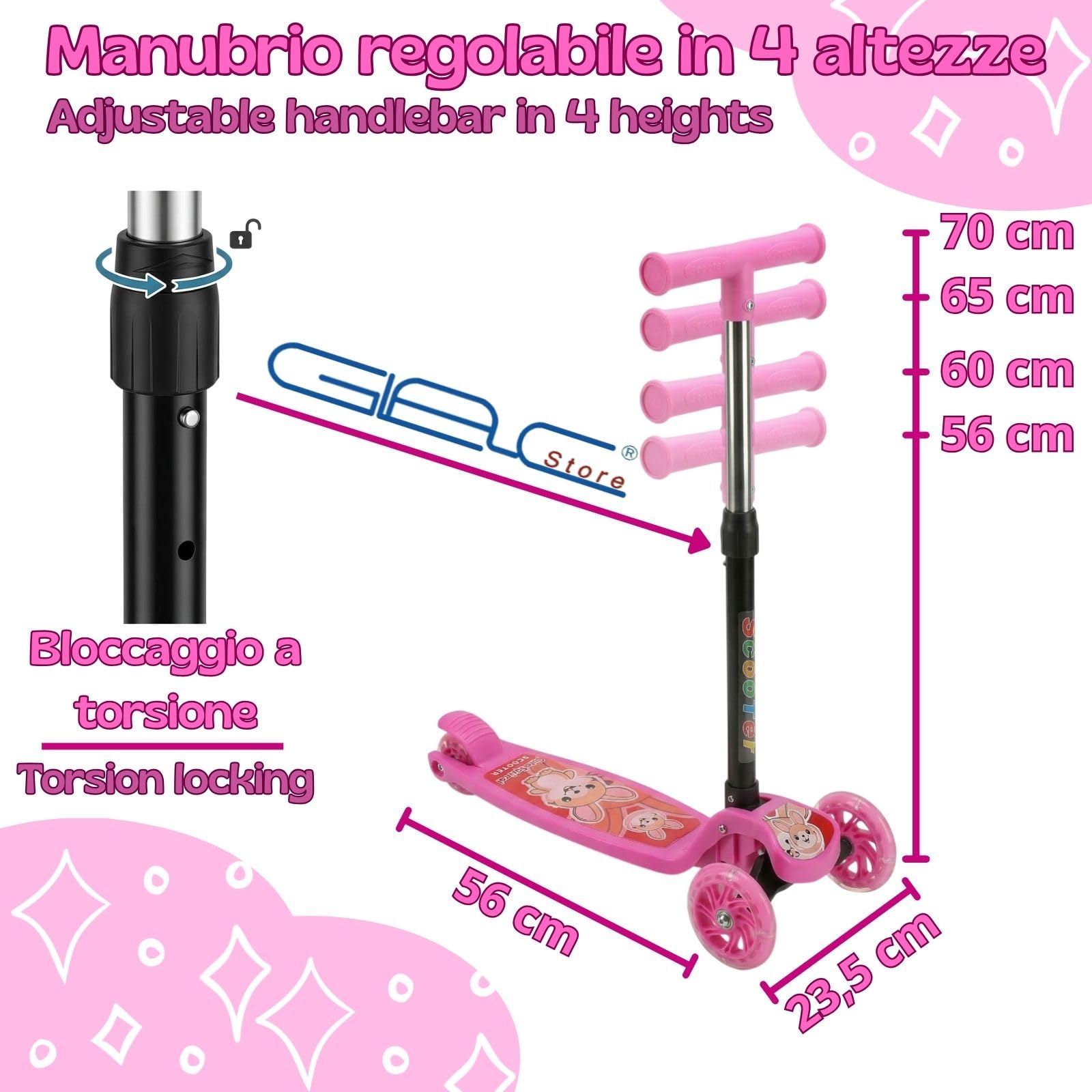 Monopattino per Bambini, 3 Ruote con Luci LED, Manubrio Regolabile in 4 Altezze, Freno a Pedale, Uso Esterno, dai 3 Anni in su
