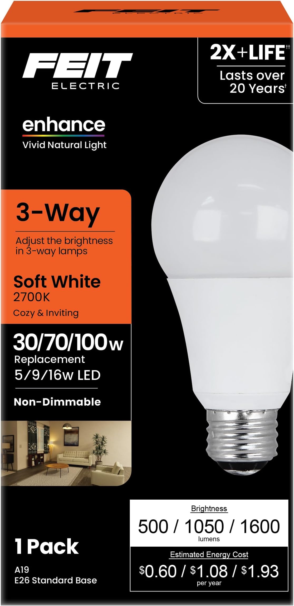 Feit Electric A19 LED Light Bulb, 3-Way Adjustable Wattage 30/70/100W Equivalent, E26 Base, Non-Dimmable, 1600 Lumen, 2700K Soft White, General Home Lighting, 25,000-Hour Lifetime, A30/100/927CA