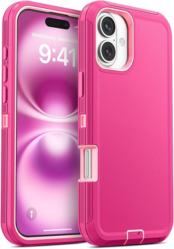 Funda Jelanry para iPhone 16 5G, protección resistente y resistente - Rosa | Cubierta trasera protectora a prueba de caídas y de doble capa con puerto, carcasas mate para teléfono antideslizantes, antipolvo y antiarañazos, para Apple iPhone 16 5G
