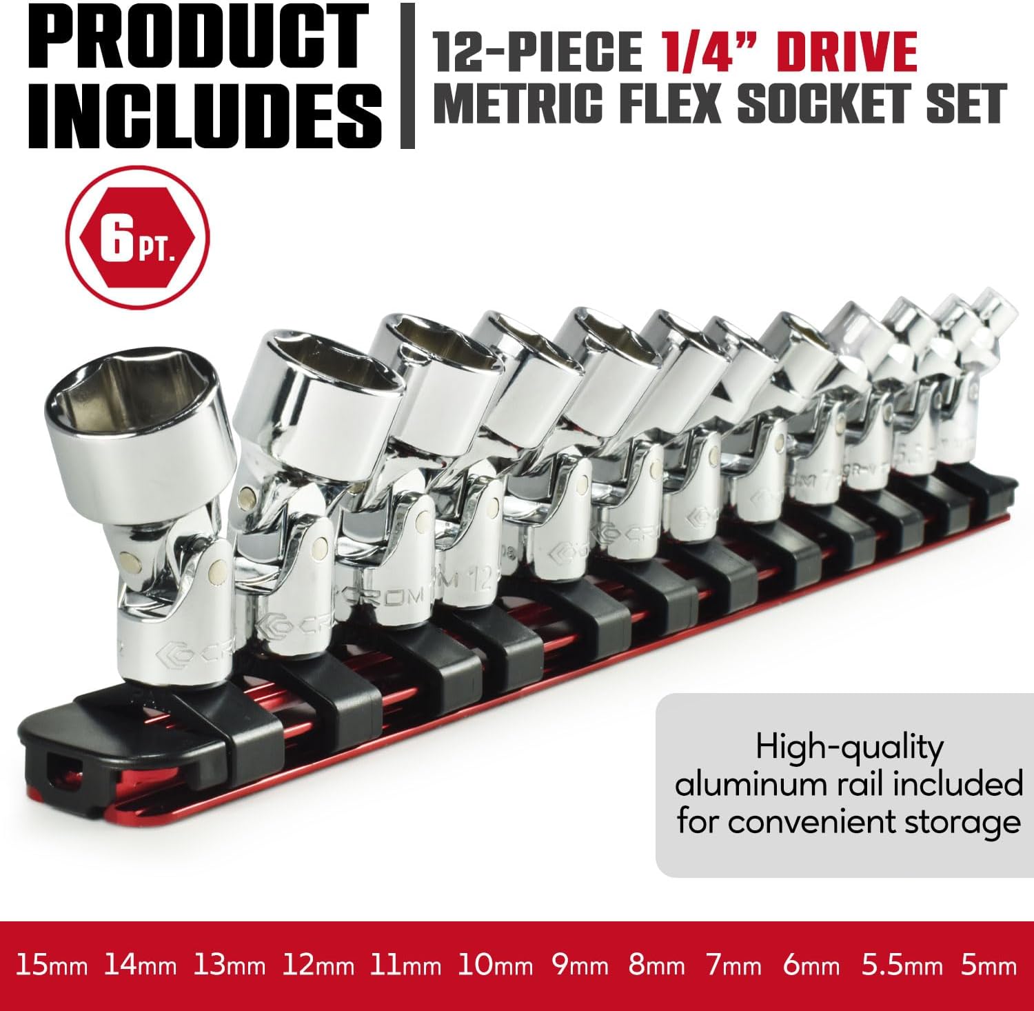 CROM Universal Flex Socket Set - 1/4 Inch Drive 6-Point 12-Piece Swivel Socket Set from 5mm to 15mm Metric - Swivel Joint for Easier Access to Tight Spaces - Aluminum Storage Rail Included