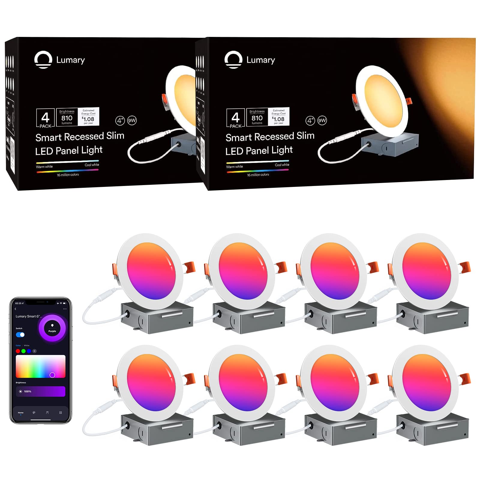 Lumary Smart Recessed Lighting 4 Inch Canless LED Recessed Lights 9W 780lm Color Changing LED Downlight Wi-Fi Bluetooth Soffit Lights with J-Box Work with Alexa/Google Assistant (4 Inch, 8 Pack)