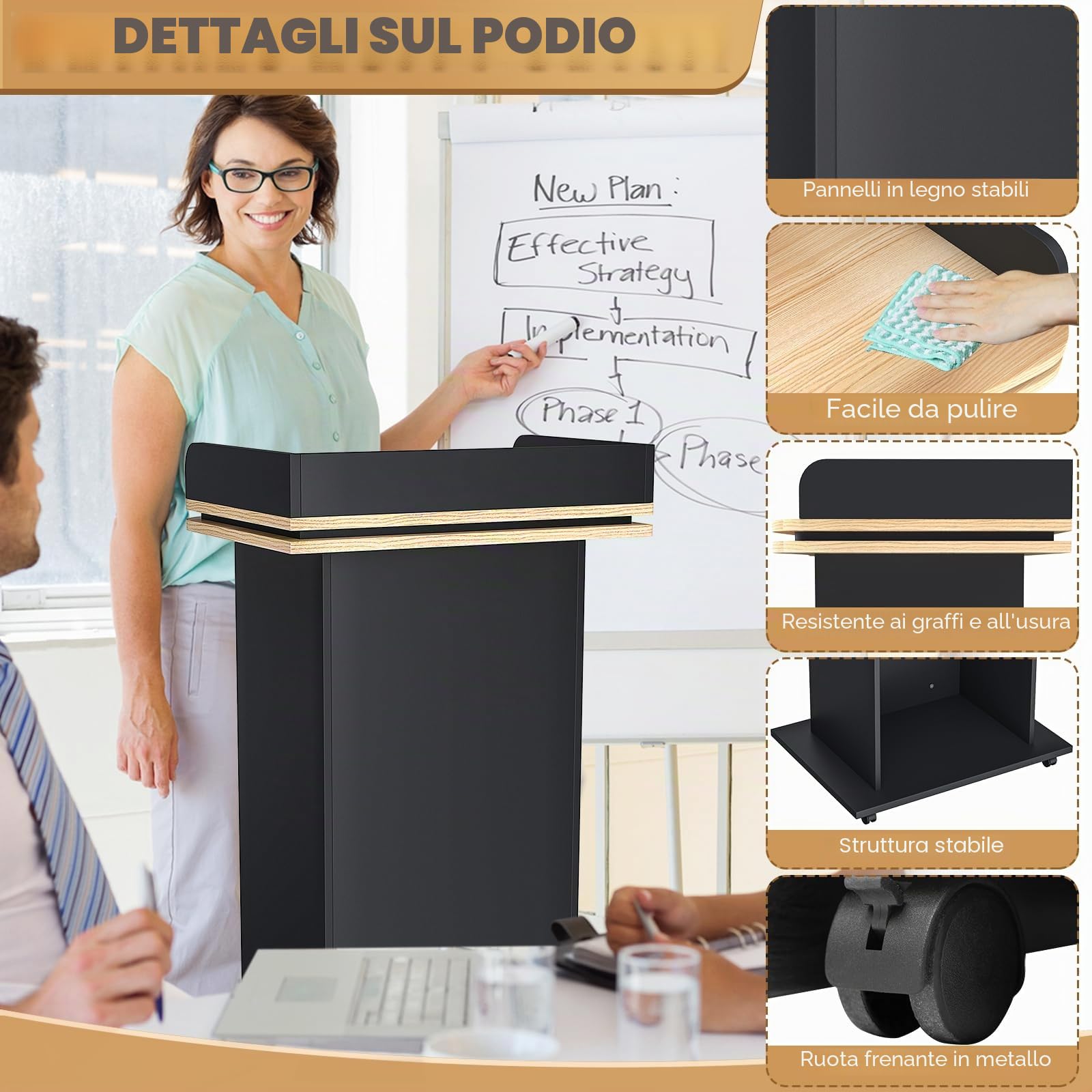 Podio in legno con cassetto estraibile e ruote, pulpito alto in legno massello di alta qualità, con ripiano a doppio strato, per chiesa, conferenze, scuola, seminario (110 x 46 x 60 cm)