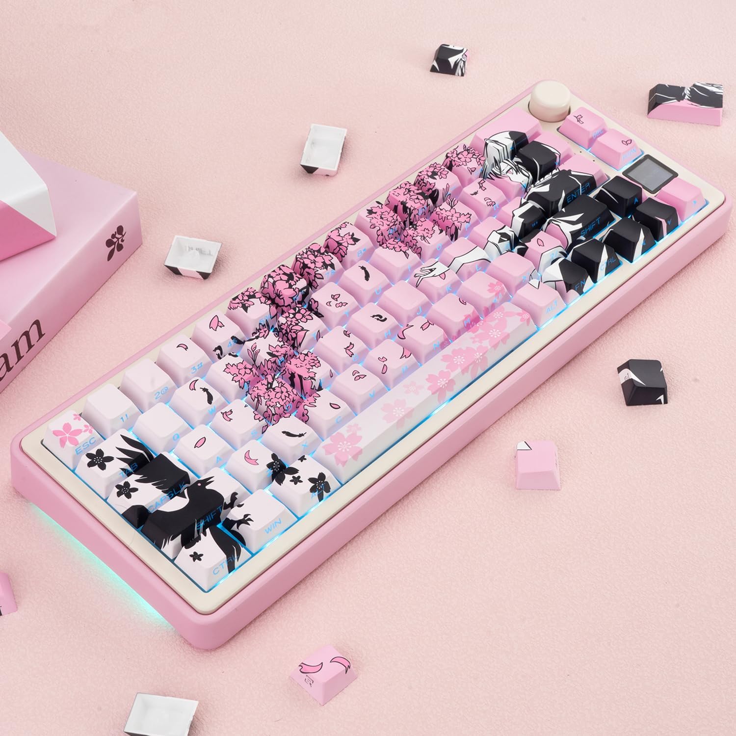 PBT Keycaps 131 Keys - Pink Japanese Anime Keycaps Dye Sublimation Cherry Profile Keycap Shine Through Side Print Custom Key Cap Set for Mechanical Keyboard 61/64/75/84/87/104/108 Layout