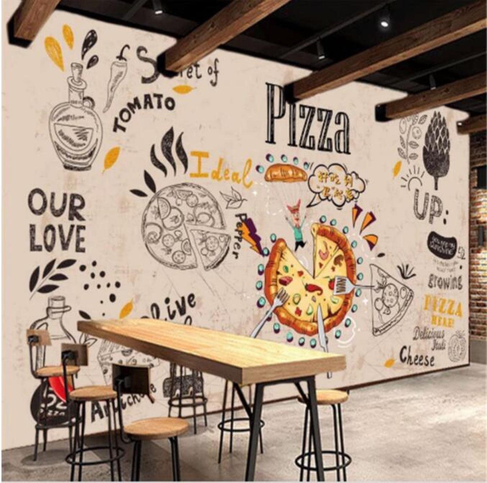Carta Da Parati Per Pizza Personalizzata Carta Da Parati Murale 3D Carta Da Parati 3D Snack Bar Hamburger Ristorante Fast Food Occidentale Sfondo Arredamento Industriale,3D,200x140 Cm