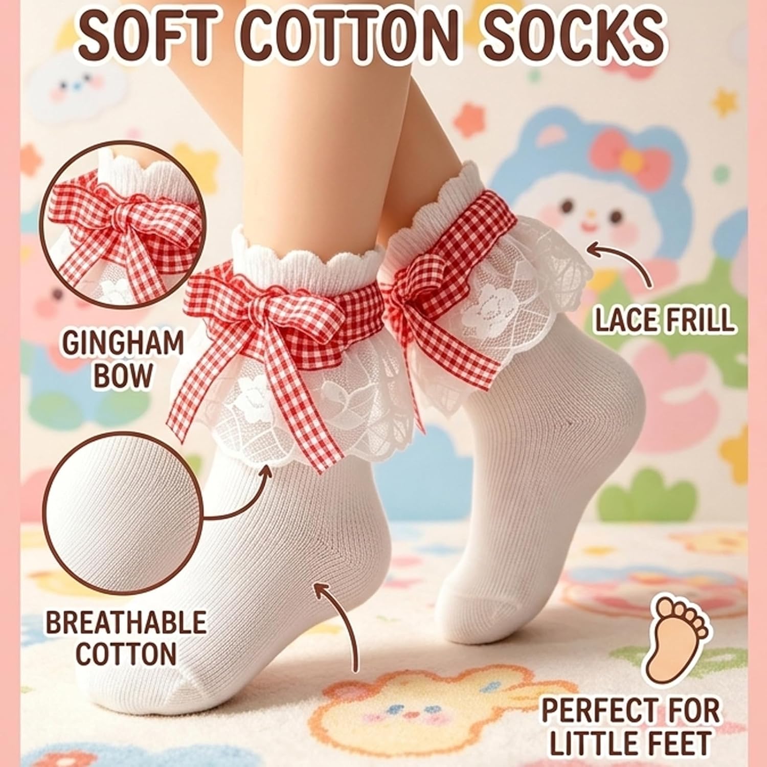 Girls Lace Ruffle Socks Cotton Ankle Socks with Bows