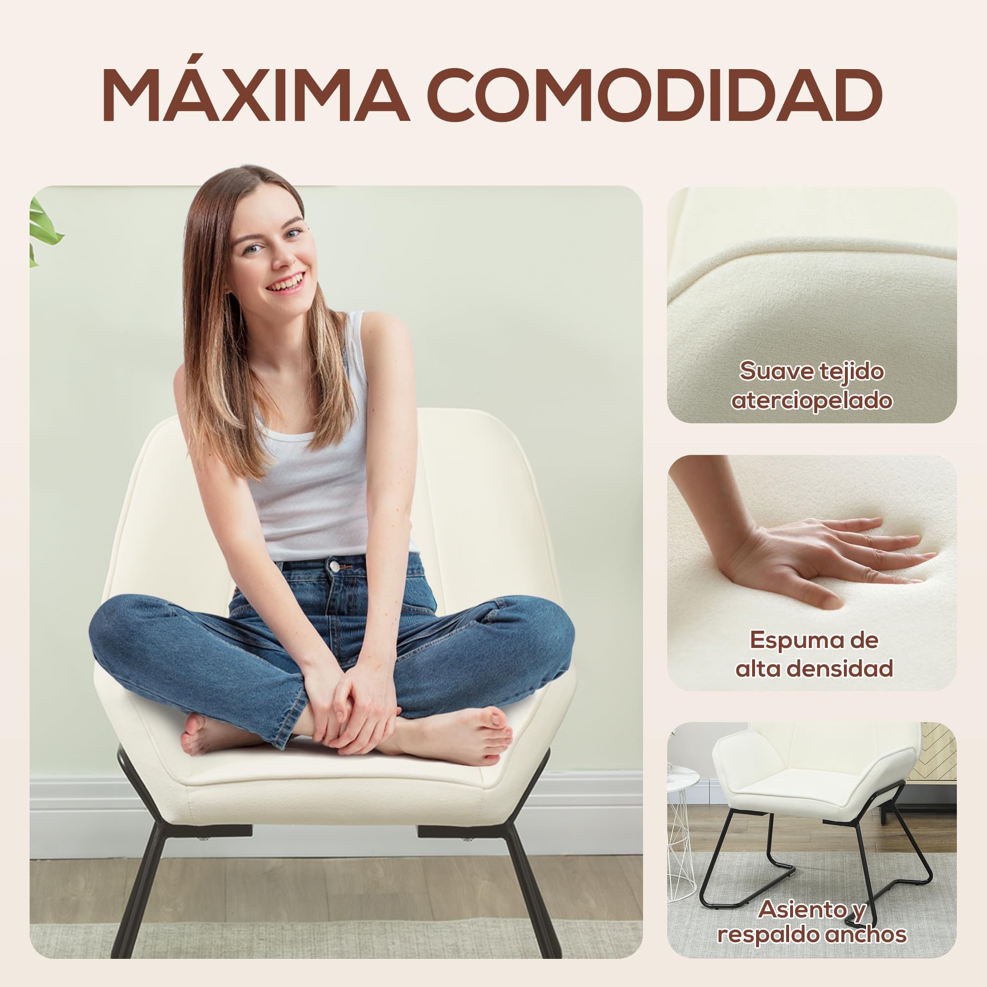 HOMCOM Butaca de Salón Moderna Sillón Lectura con Asiento Ancho de 46 cm y Acolchado Tapizado en Terciopelo Patas de Metal Silla Tocador para Salón Sala de Estar Dormitorio Crema