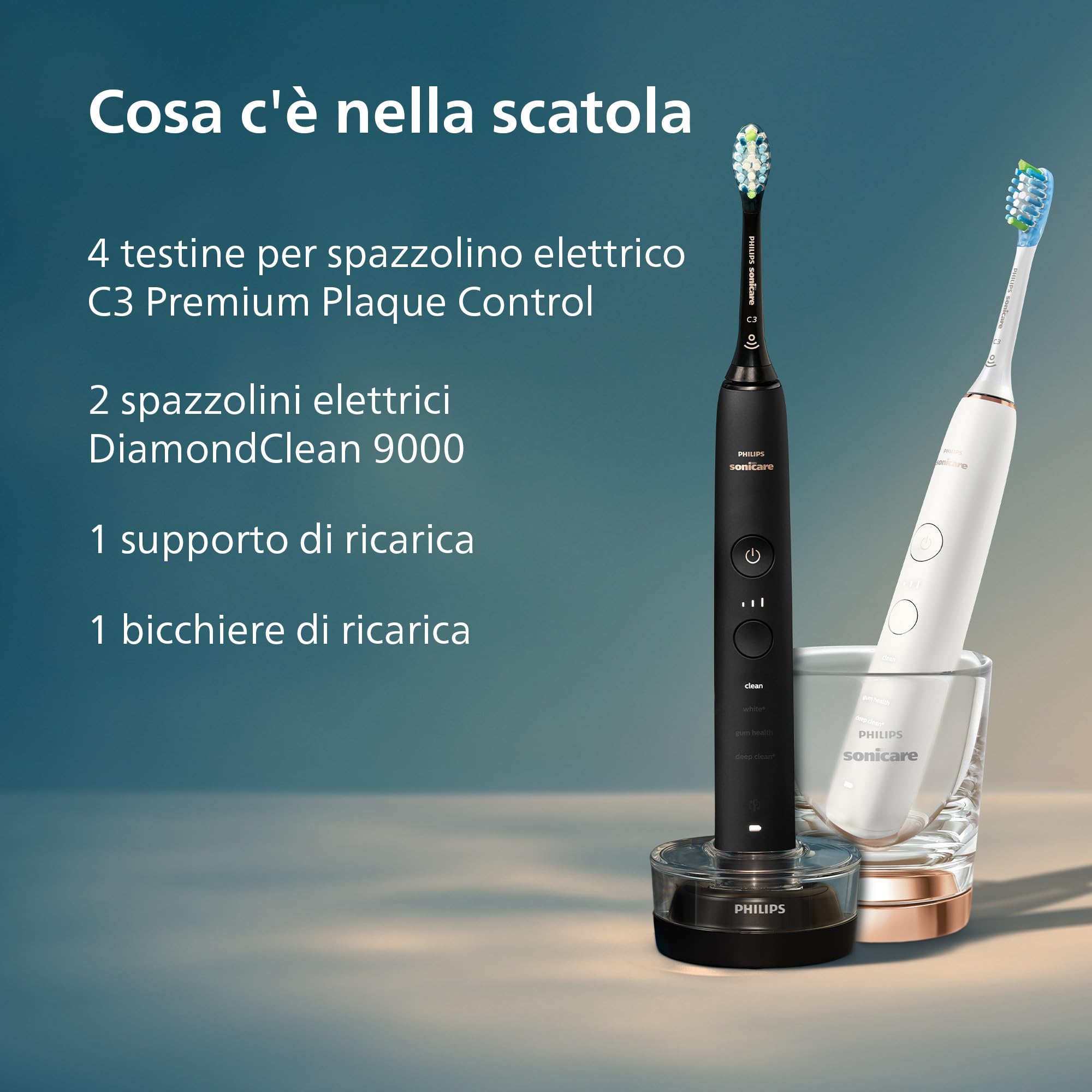 Philips Sonicare DiamondClean 9000 spazzolino elettrico, confezione doppia, spazzolino sonico con app, sensore di pressione, 4 modalità di pulizia, bicchiere di ricarica, nero e oro rosa, HX9914/61