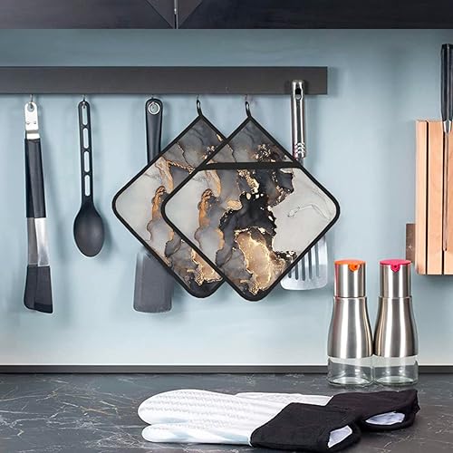 Miniatura 7 de Soportes para ollas de cocina, patrón de mármol líquido negro, dorado y gris, resistente al calor, almohadilla de calor antideslizante, 2 unidades,