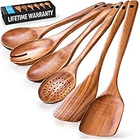 Zulay Kitchen 6-Piece Teak Wood Cooking Utensils Set - Durable Non-Scratch Spoons, Spatula, Turner & More for Non-Stick Pans