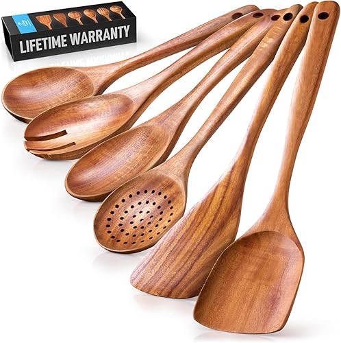 Miniatura 16 de Zulay Kitchen Juego de 7 cucharas de madera para cocinar – Utensilios de teca lisos resistentes al calor con agarre cómodo – Ligeras y duraderas –