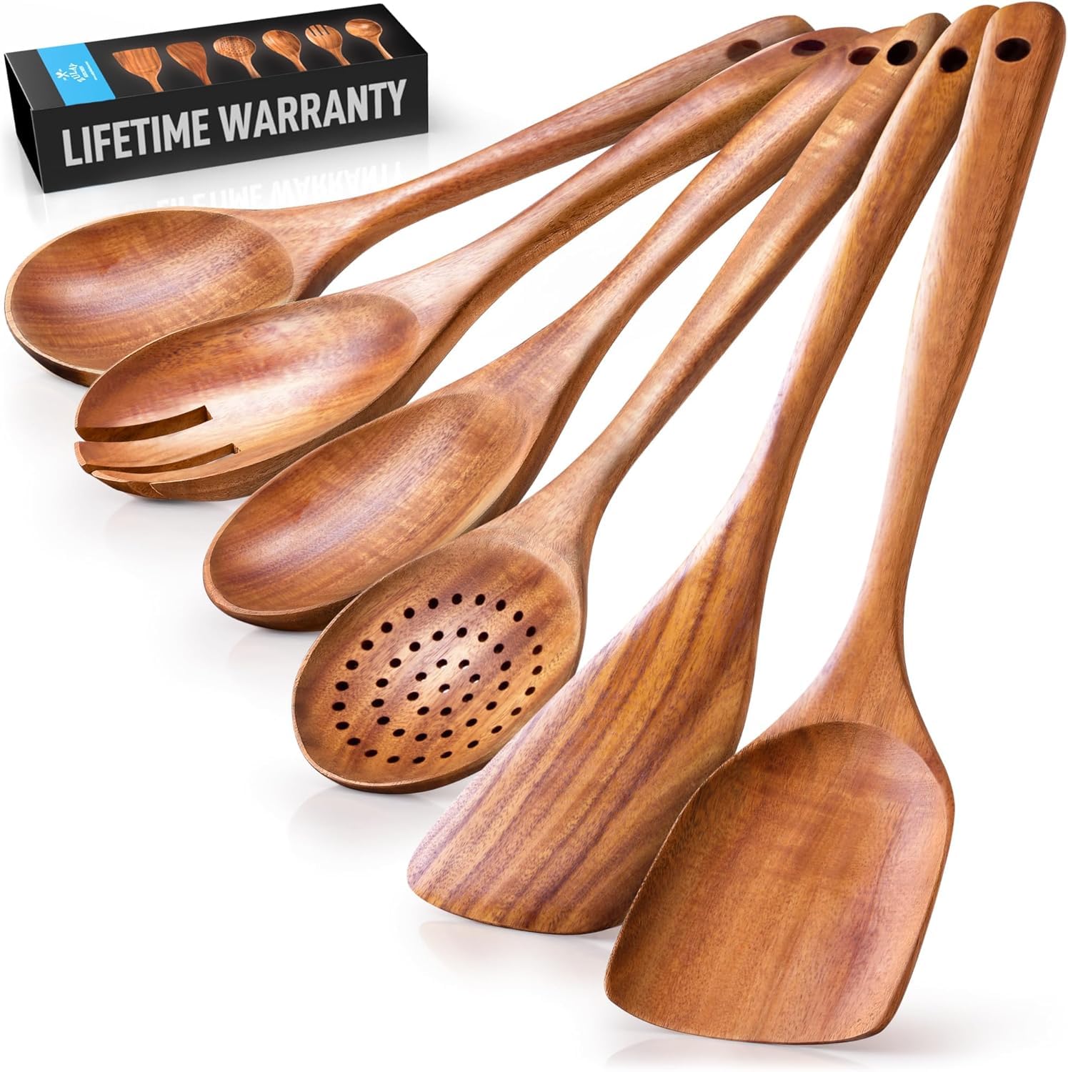 Wooden Cooking Spoon Set of 6 - Heat Resistant, Smooth Teak Utensils with Comfort Grip - Lightweight and Durable - Easy to Clean and Perfect for Non-Stick Cookware by Zulay Kitchen