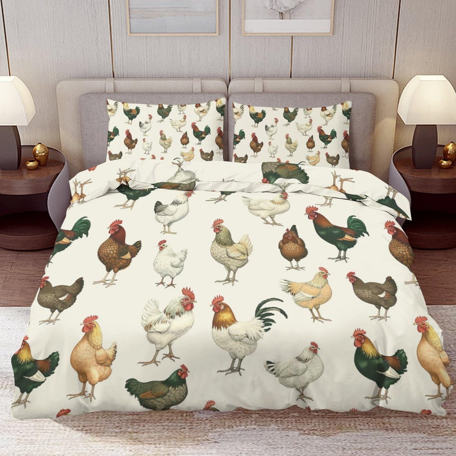 Delerain Comforter Cover Set Full Size, Vintage Chickens 3-Piece Bedding Set for Boys Girls Teens Modern Soft Microfiber Bedroom Set Room Decor, 1 Duvet Cover + 2 Pillowcases