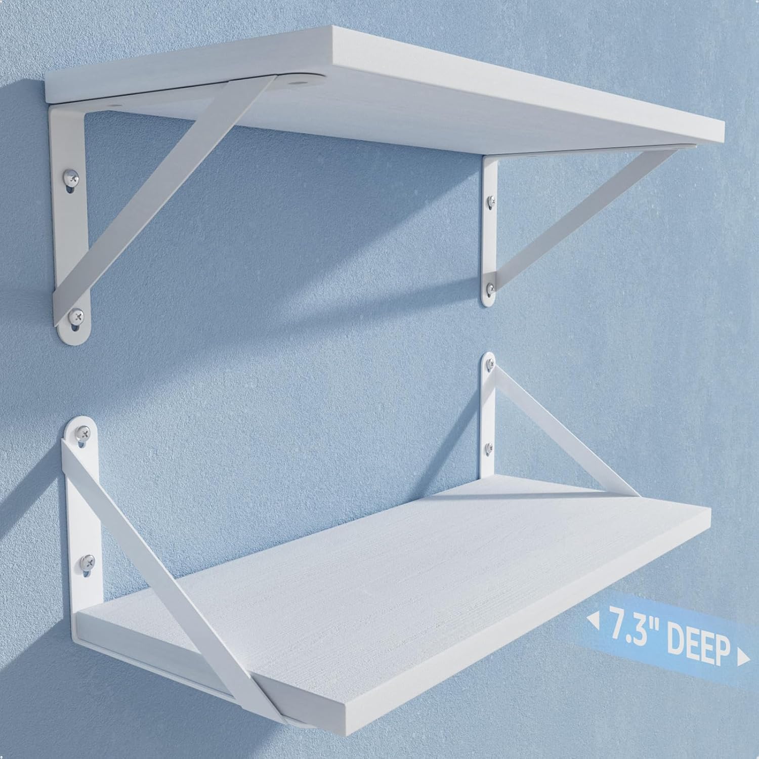 Wall Shelves 7.3" Deep Set of 2, Solid Paulownia Wood Wider Longer Sturdy Easy to Install Wall Mounted Bookshelves Storage Shelves Bathroom Storage Office Laundry Room Bedroom Organizer White