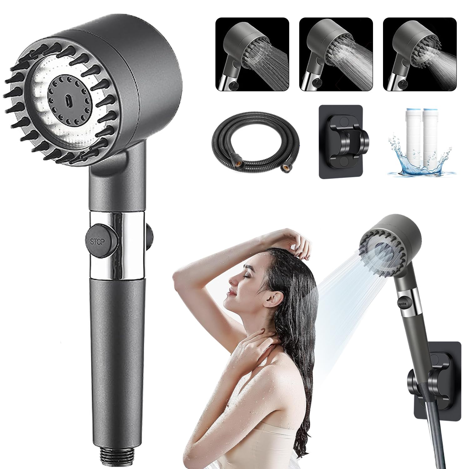 Shower Head,Handheld Shower Filter,High Pressure and Remove Impurities, Massages Brush to Anti Hairfall and Dry Skin,3 Modes Filtered Showerhead with 1.5m Hose/Bracket/2 Cotton Filters(Grey)