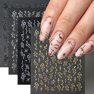 Snake Nail Art Stickers Decals 3D Star Snake Nail Stickers 8PCS Laser Silver Gold Snake Star Nail Design 3D Self-Adhesive Nail Art Supplies Decals Y2K Manicure Sliders for DIY Nail Art Decorations