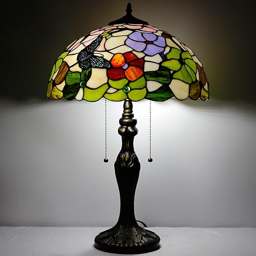 Miniatura 7 de Tiffany - Lámpara de mesa de 2 luces de 24 pulgadas de alto, estilo mariposa, lámpara de lectura, mesita de noche, mesita de noche, luz de