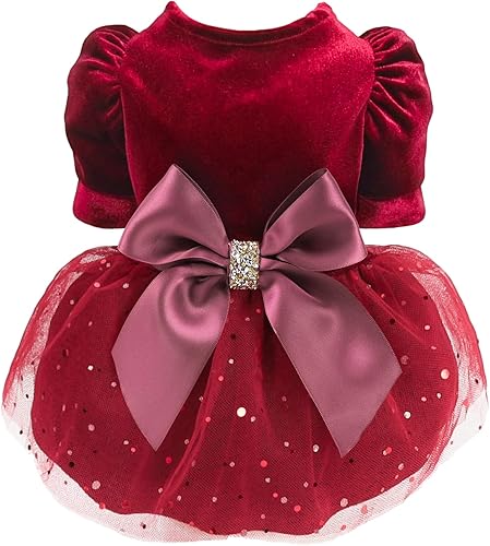 Fitwarm Vestido de tul para perro, ropa de invierno para perros pequeños, niñas, ropa de gato, terciopelo ligero, rojo borgoña, XXS