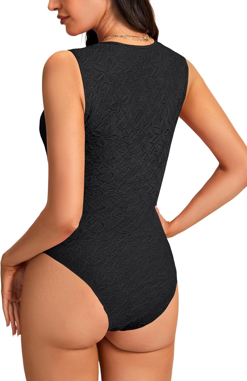 LYANER Women's Jacquard Round Neck Sleeveless Slim Fit Sexy Bodysuit - Image 5