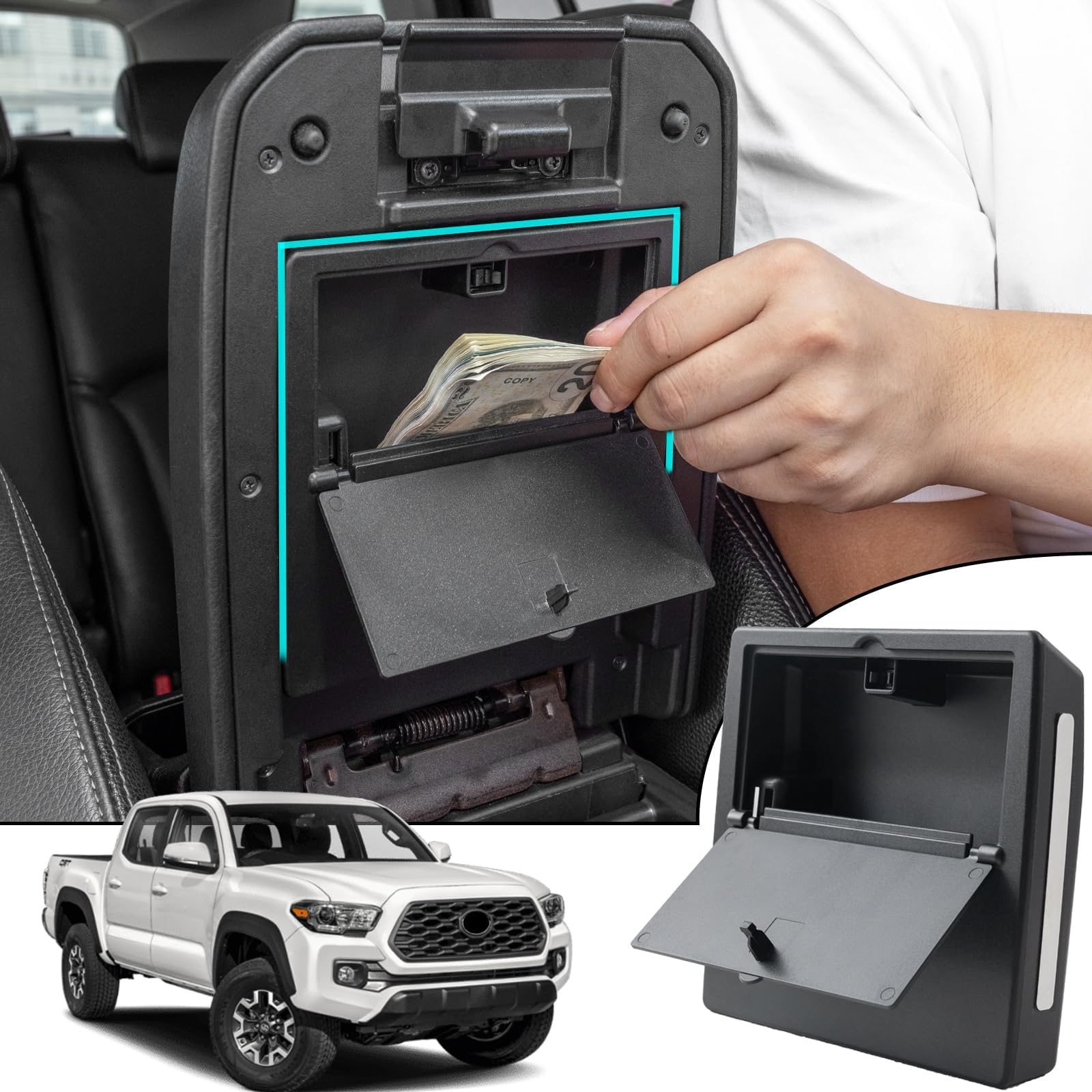 One-Touch Hidden Storage Box Compatible with 2016-2023 Toyota Tacoma Accessories Center Console Organizer Armrest Secret Compartment
