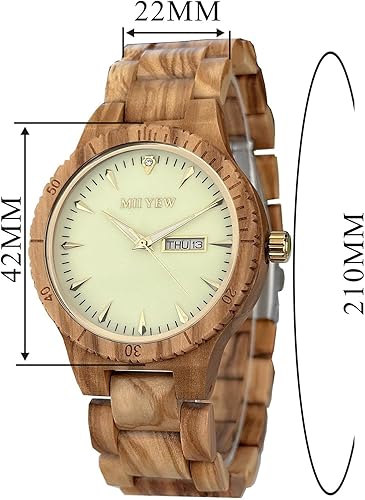 Miniatura 6 de MII YEW Reloj de madera para hombre, ligero, analógico, de cuarzo, hecho a mano, esfera verde con fecha