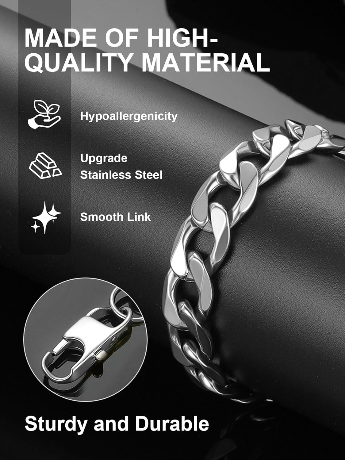 ChainsPro Men Sturdy Figaro/Cuban Chain Bracelet, 6/9/13mm Width, 7.48/8.26inch Length, 316L Stainless Steel/18K Gold Tone/Black- Send Gift Box - Image 6