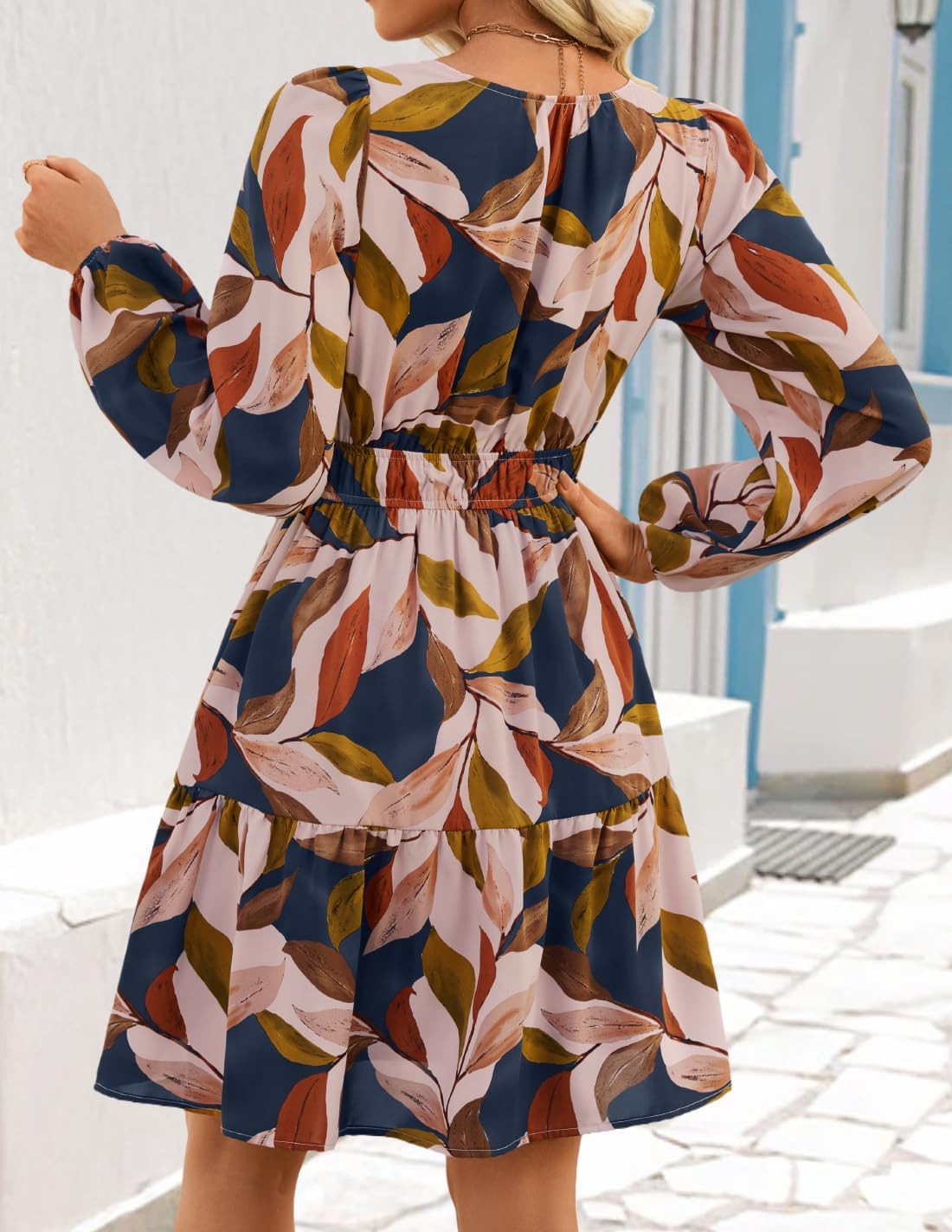 ZESICA Womens Spring Long Sleeve Floral Mini Dress 2026 Summer Boho V Neck A-Line Flowy Dresses Beach Vacation Clothes - Image 3