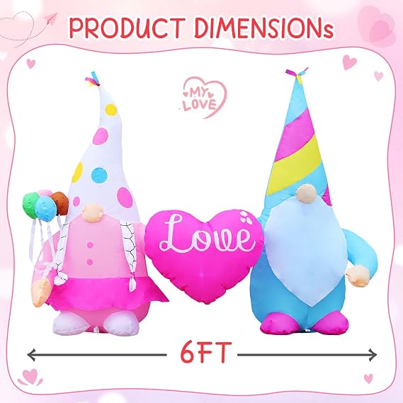 DomKom 6ft Long Valentines Day Inflatables Outdoor Decorations, Gnome Couples with Heart Blow Up Build-in Led Lights for Wedding Party Garden Yard Lawn Decor