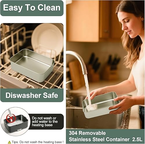 Miniatura 6 de Fiambrera eléctrica para adultos, 100 W, 3.5 L, calentador de alimentos portátil de 2 capas para hombres, modo dual de 2.5 L + 1 litro, lonchera