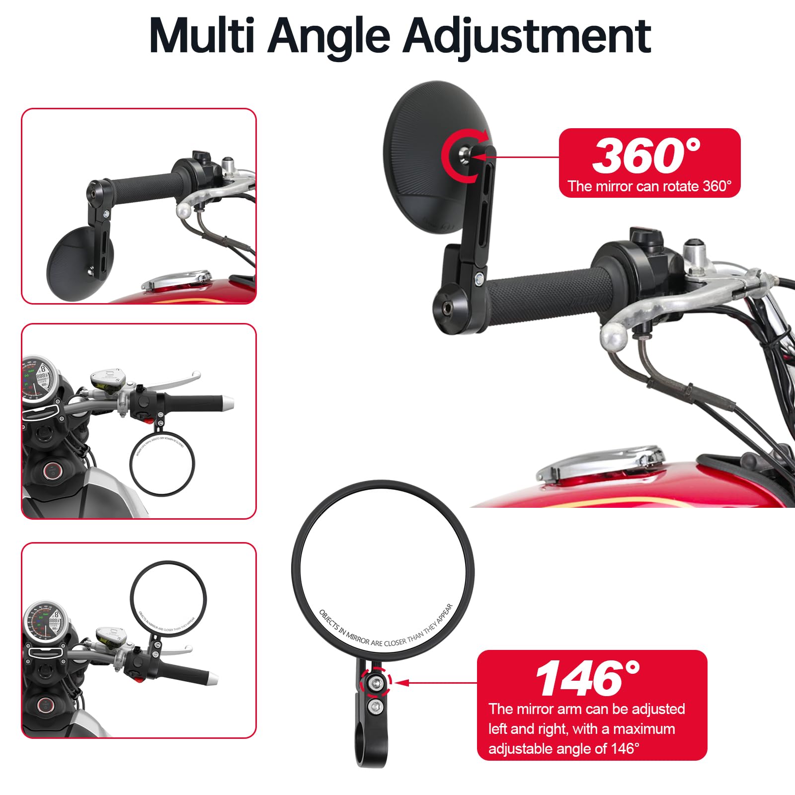 Universele 360 spiegel voor motorfiets, met E24-keurmerk, verstelbaar enduro voor quads en motorfietsen, compatibel met 22 mm stuur M8/M10- schroeven, ideaal voor straat- en terreinmotorfietsen