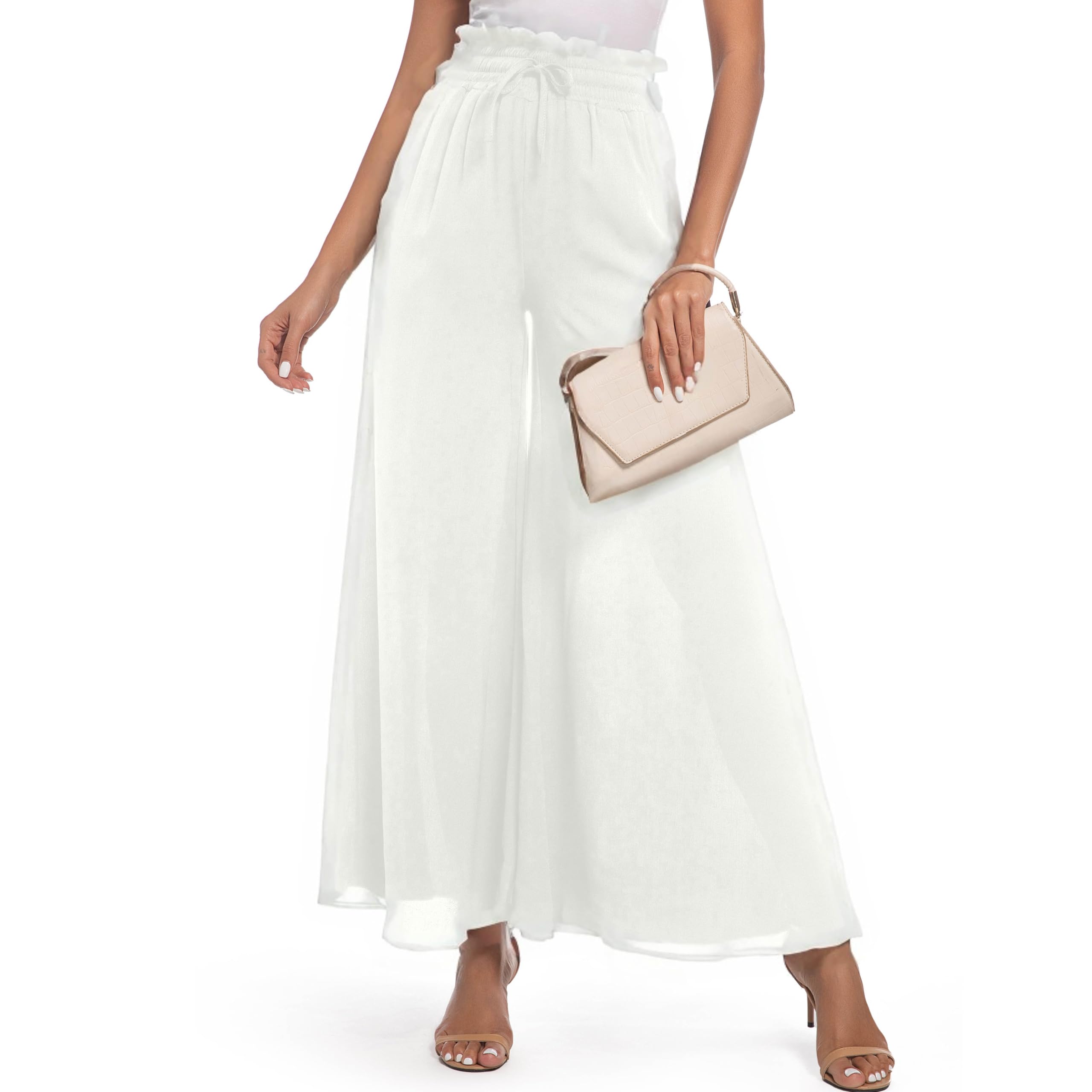 Pants for Women Casual Elastic High Waist Flowy Wide Leg Pants with Pockets