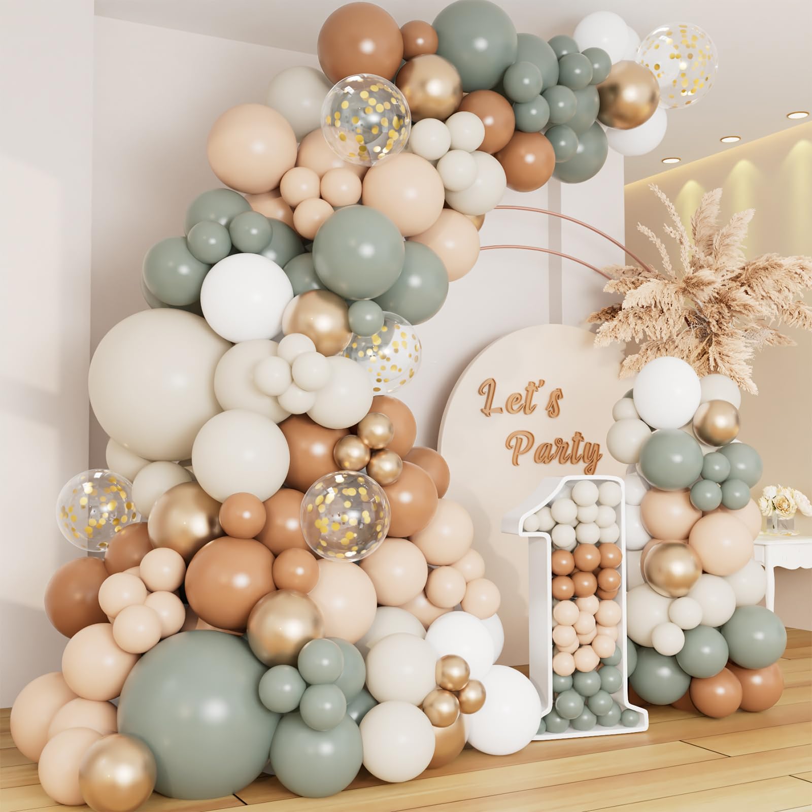 DBKL Dusty Green Nude Balloon Garland Arch Kit, Cream White Sand Sage Green Brown Gold Confetti Balloons for Baby Shower Wedding Birthday Gender Reveal Gender Reveal Party Decorations