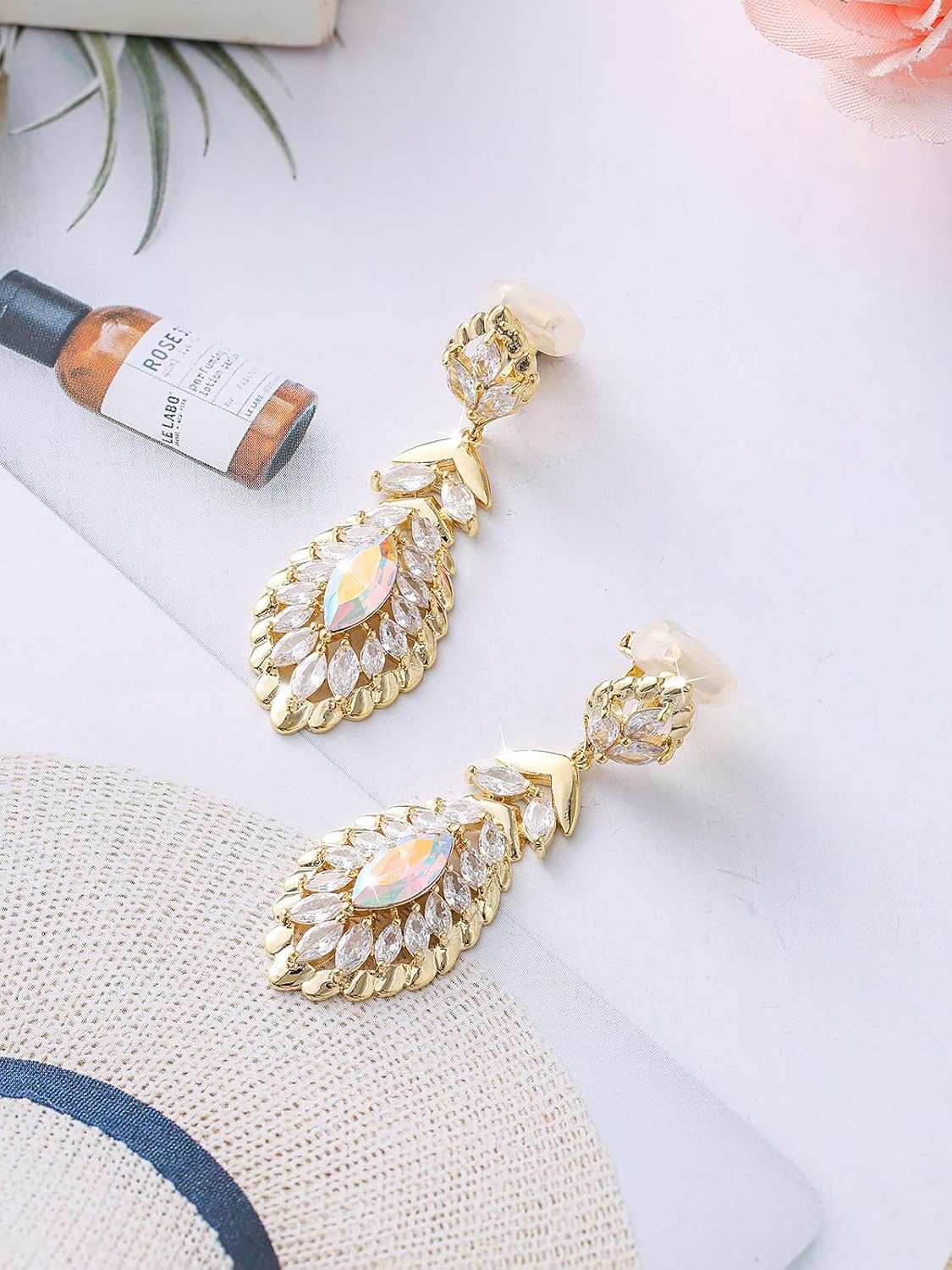 Clip On Crystal Dangle Non Pierced Earrings for Women 14K Gold Plated Jewelry - Image 5