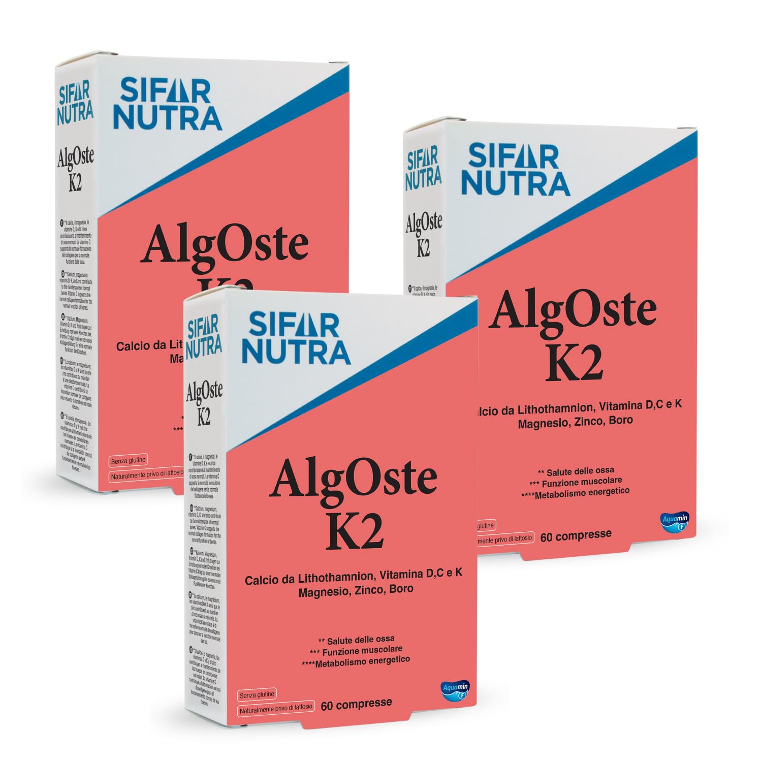 Algoste K2 | Complément alimentaire pour les os avec calcium de Lithothamnion (Aquamin F), vitamines K2 et D3, magnésium, vitamine C, zinc et bore | 180 comprimés (3 boîtes de 60)