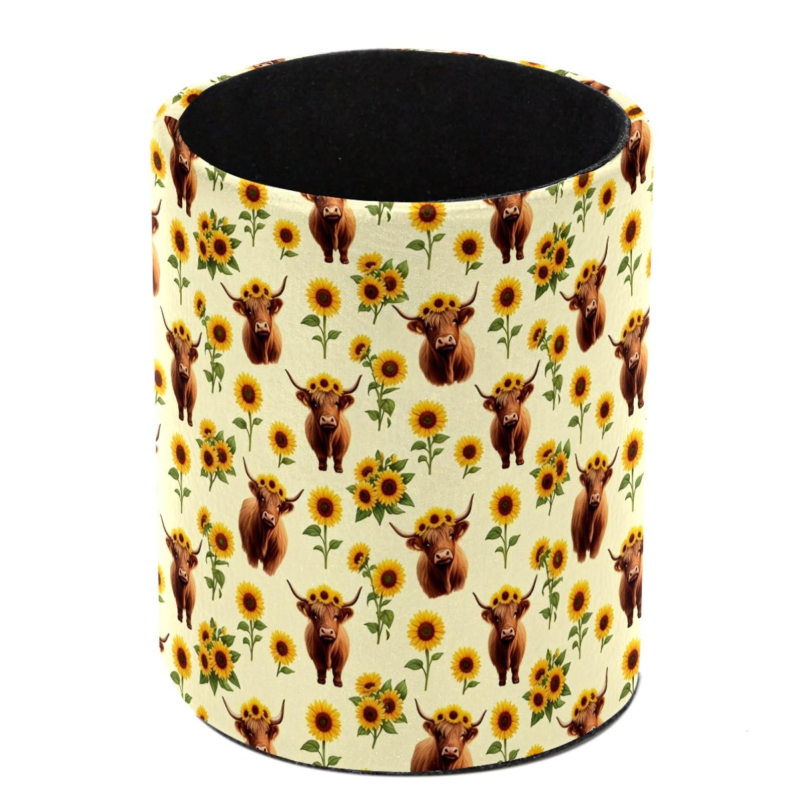 HEOEH Sunflower and Highland Cow Pen Holder for Desk, PU Leather Pencil Holder Pen Cup Marker Holder Makeup Brush Holders, Desk Accessories & Workspace Organizers for Home, Office
