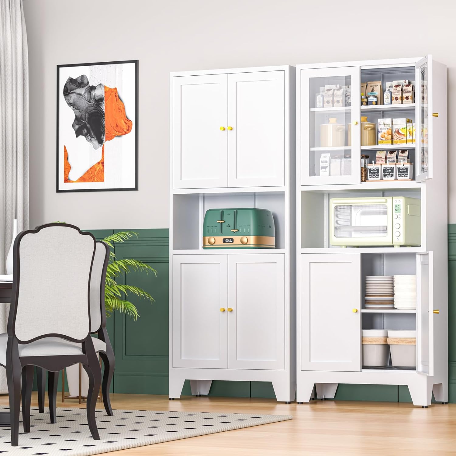 Metal Pantry Storage Cabinet with 2 Glass Doors, 69" Tall Kitchen Pantry Cabinet with 4 Doors & 3 Adjustable Shelves, Microwave Stand for Kitchen, Dining Room, Living Room (1PC,White)