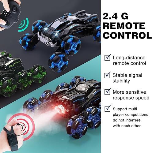 Miniatura 5 de Gesture RC Car Toys para niños de 8 a 12 años, auto de control remoto de mano de 2.4 GHz con luces en aerosol de música, sensor de gestos 8WD, auto