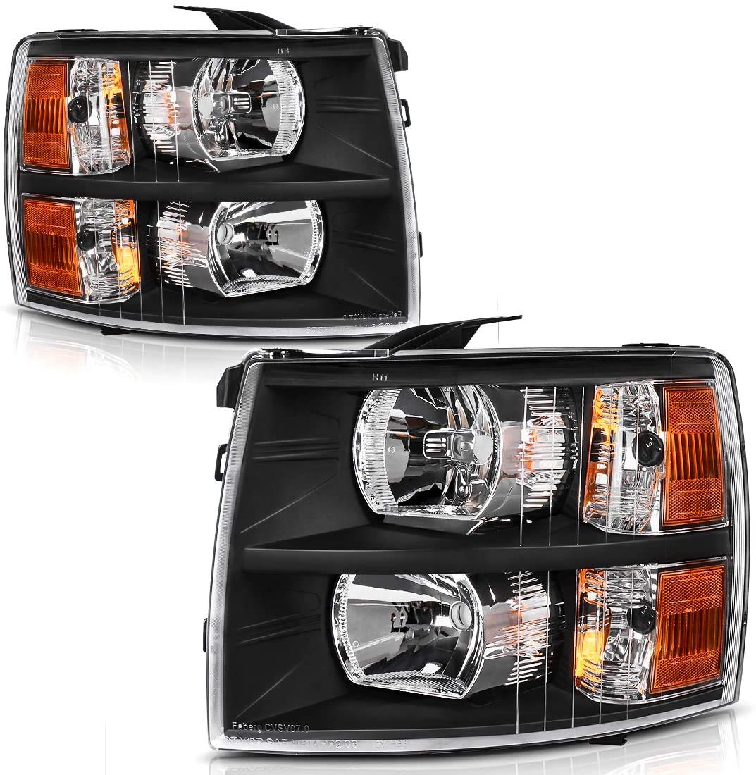 AS Headlight Assembly Compatible with 2007 2008 2009 2010 2011 2012 2013 2014 Chevy Silverado Headlamp Black Housing Amber Reflector Driver and Passenger Side