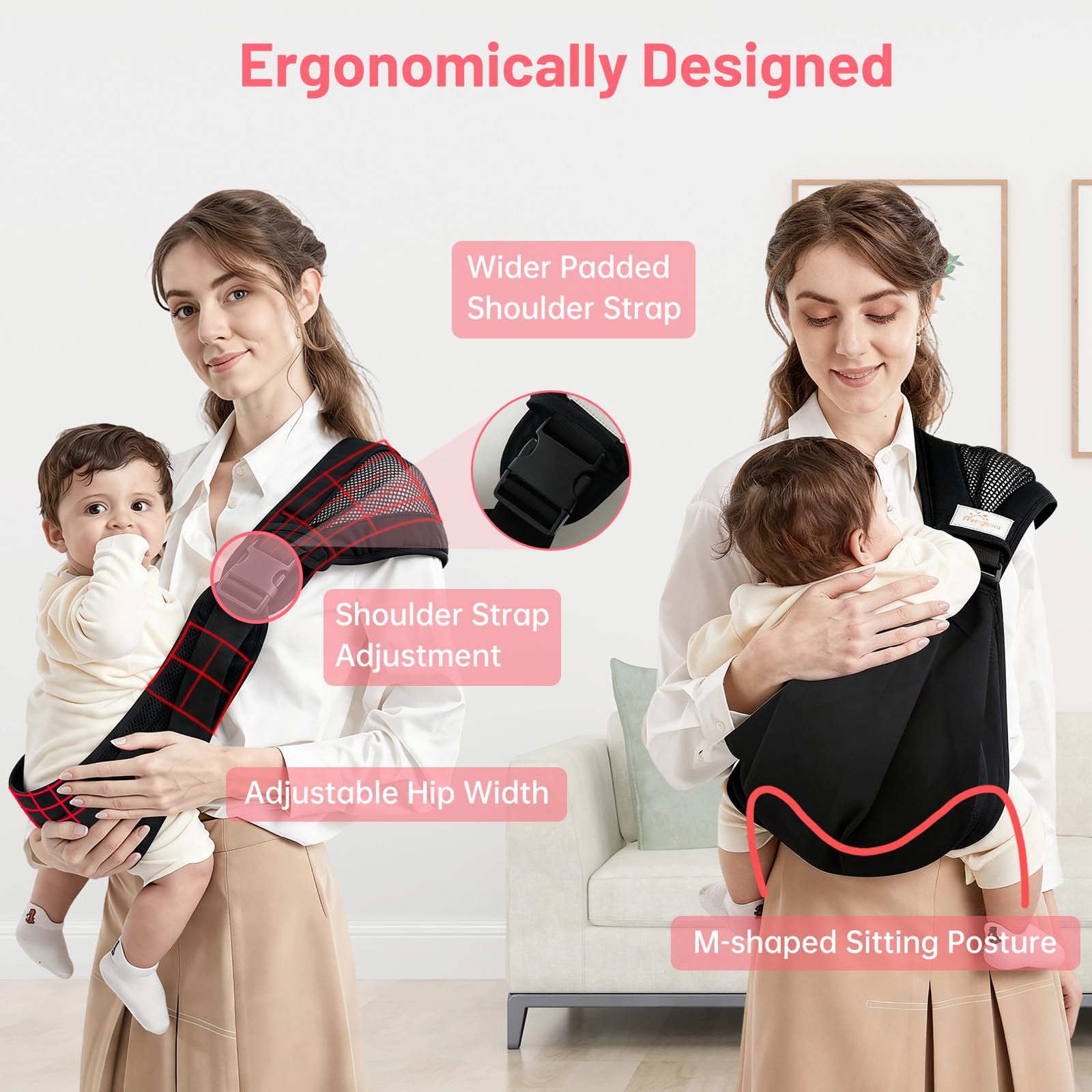 Mumgaroo Baby Sling, Adjustable Toddler Carrier Sling, Breathable Baby Sling Carrier with Thick Shoulder Straps for Newborn, Infant, Toddler, 0-36 Months (Black) — view 7