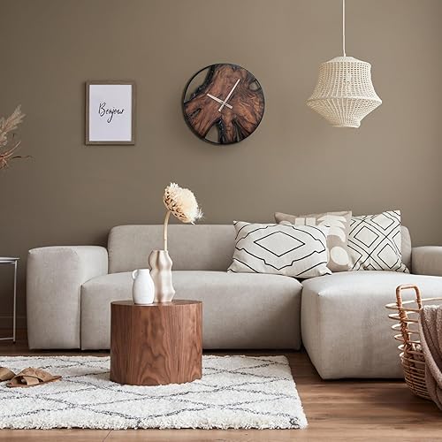 Miniatura 5 de Gamoora Reloj de pared de madera rústica, esfera de teca moderna y única con marco de metal negro grande, decoración silenciosa de sala de estar,