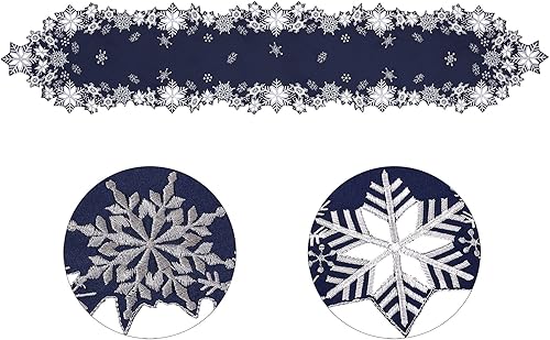 Miniatura 4 de Simhomsen Caminos de mesa bordados con copos de nieve para Navidad e invierno (azul marino, 14 x 120 pulgadas)