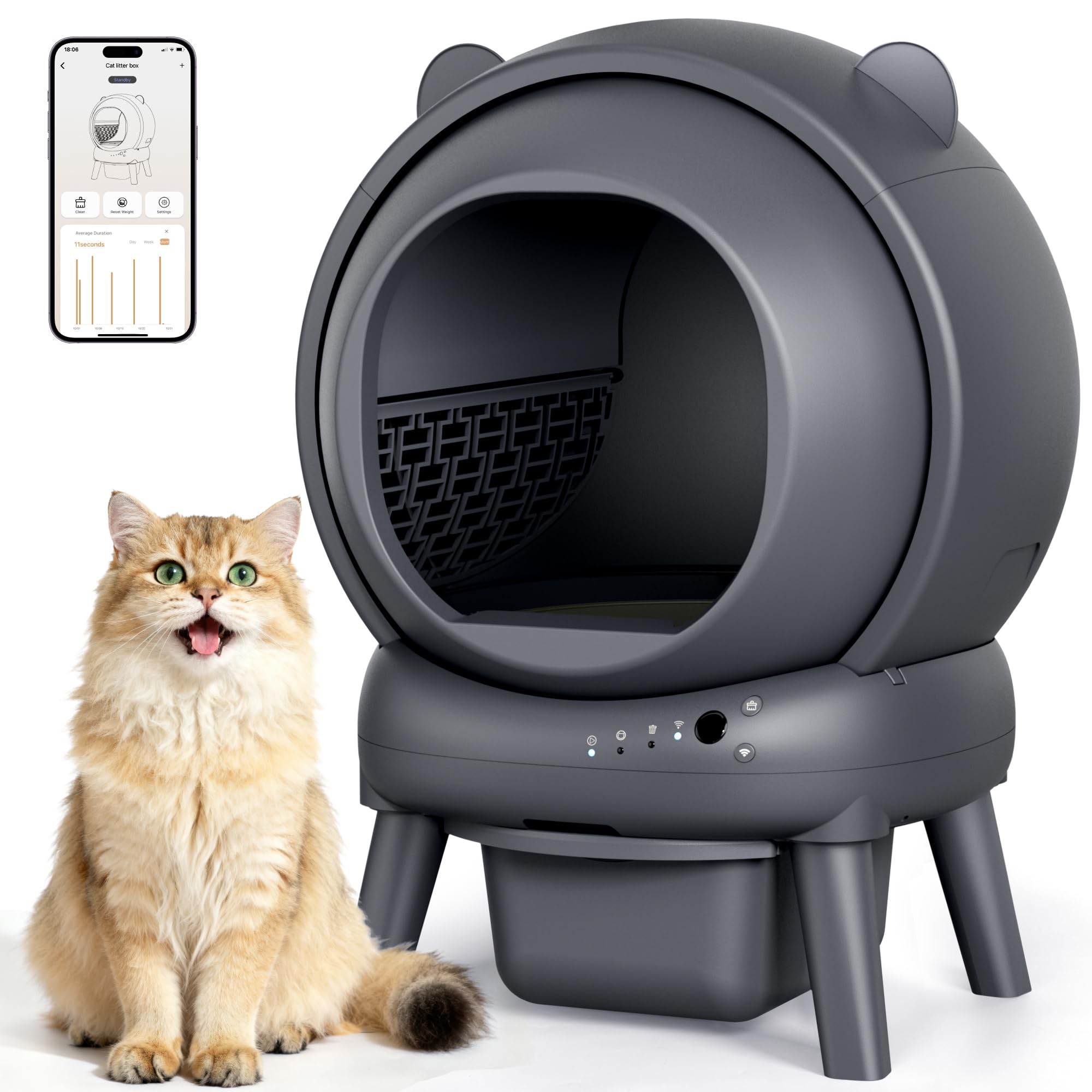 Automatic Litter Box for Multiple Cats, Large Capacity Self Cleaning Litter Box with App Control, Noise & Odor Control, Dual Safety Sensors, Easy Maintenance with 2 Roll Garbage Bags, Gray